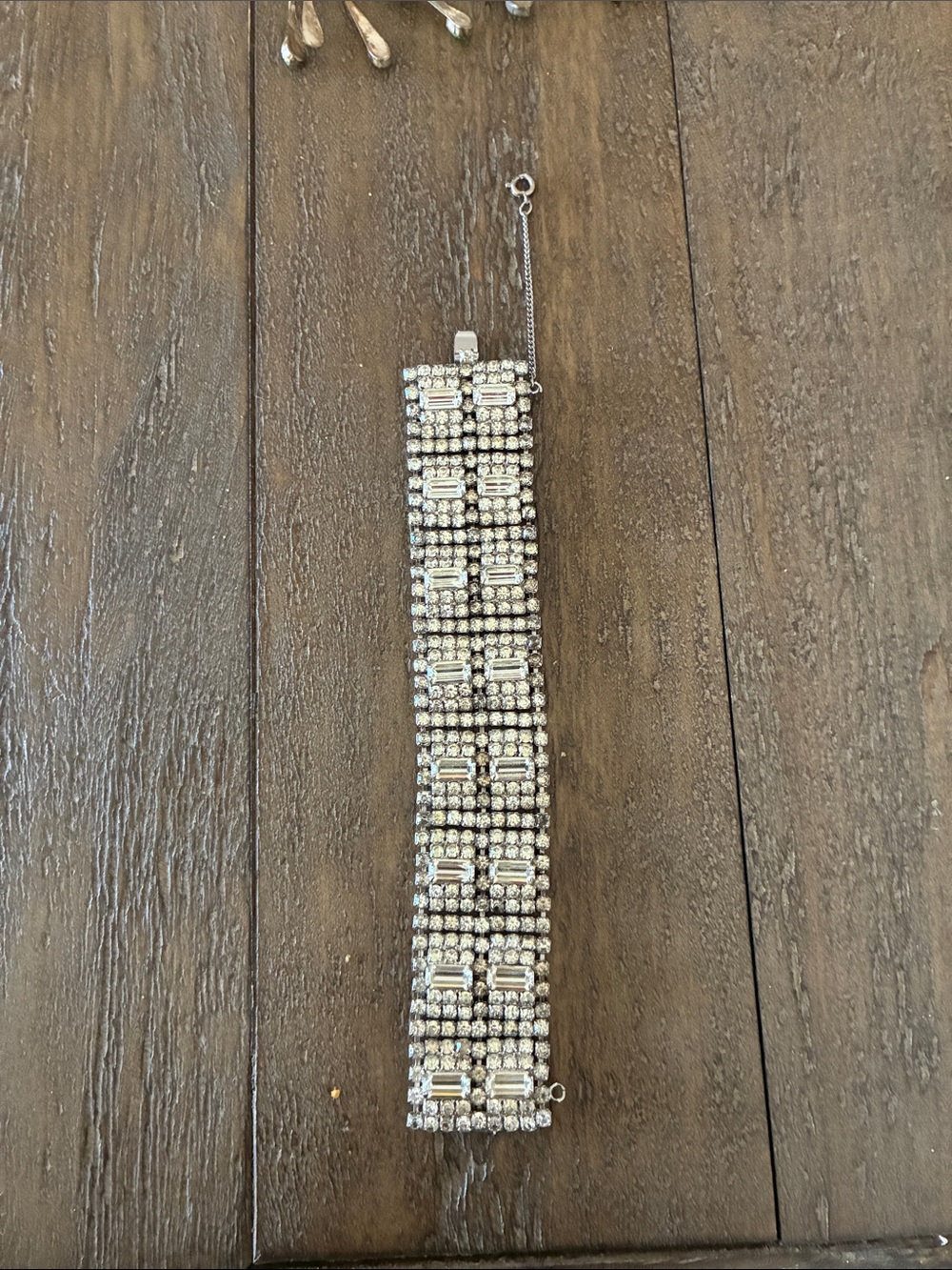 Vintage Hobe Rhinestone Wide Bracelet - Silver Toned